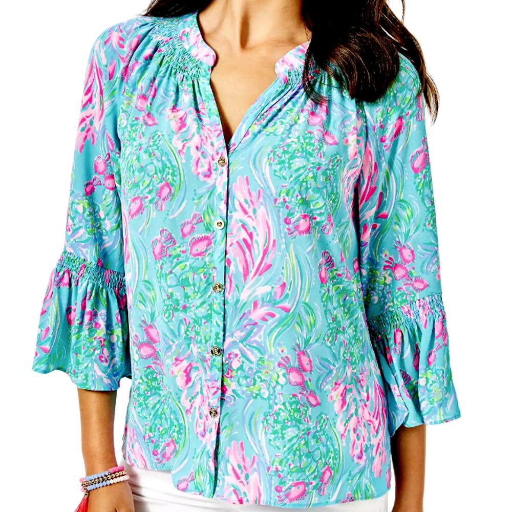 Lilly Pulitzer DAKOTA Top Blouse Amalfi Blue Fishes - Size XS - $128